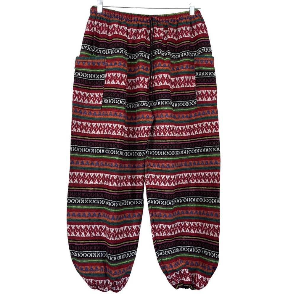 Size L/XL Boho Tribal Striped Cotton Harem‎ Pants Red Pull on Drawstring Joggers